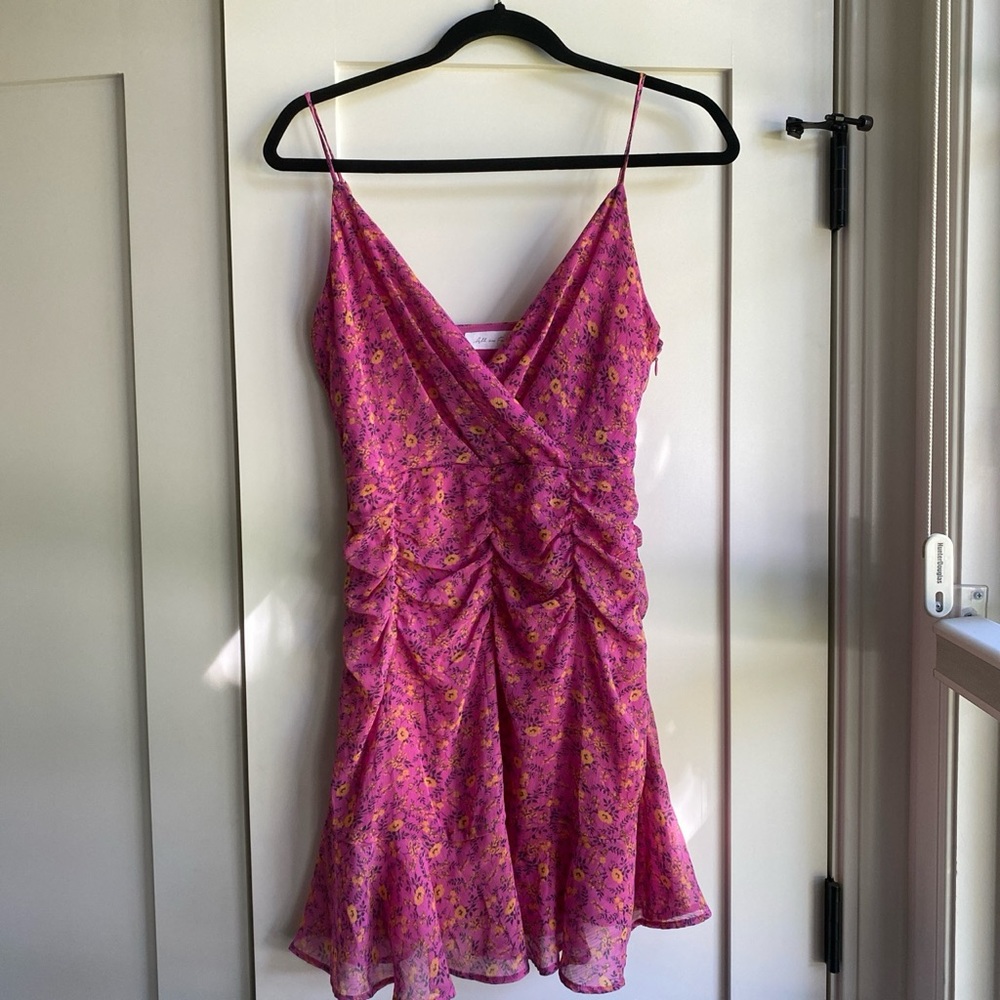 Pink floral ruched mini dress/sundress, spaghetti strap, women’s size small